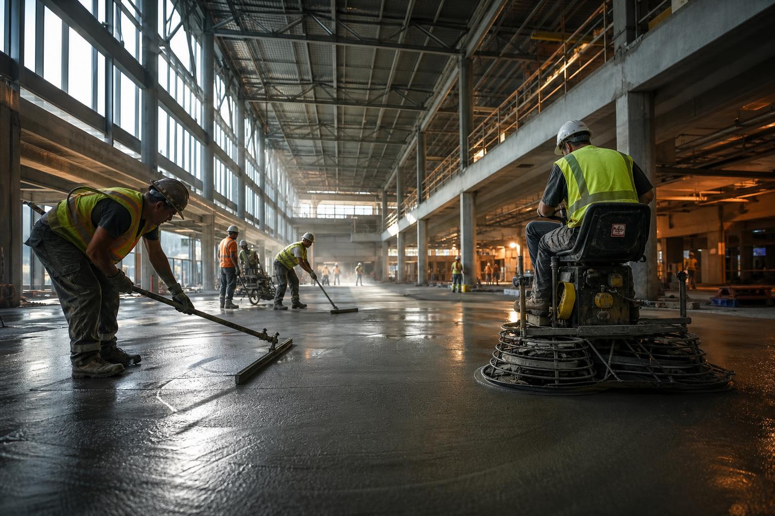 Trabajadores construyendo piso de centro comercial